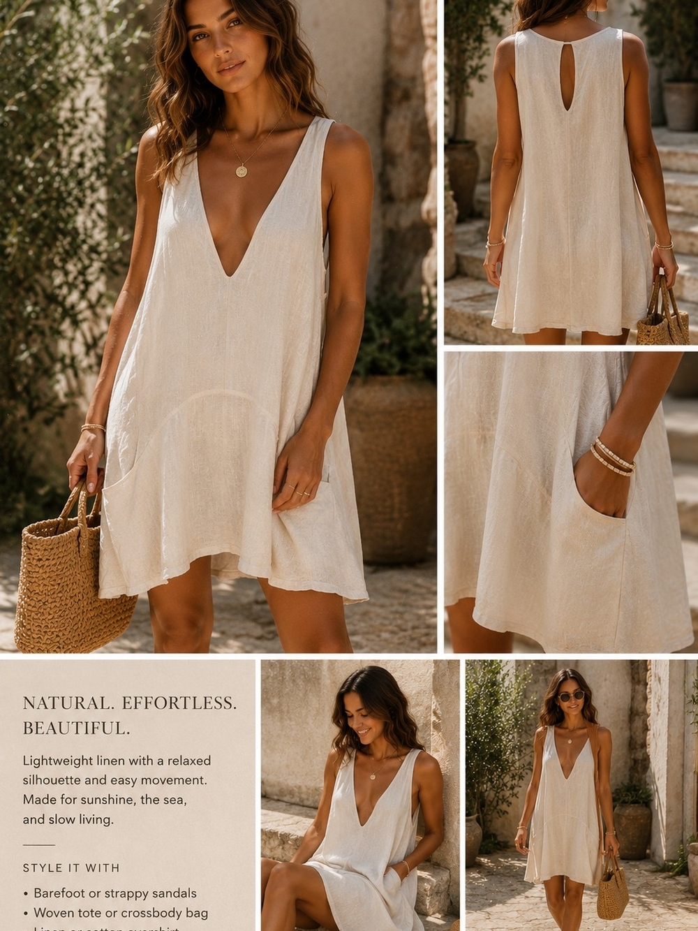 Linen V-Neck Sleeveless Back Keyhole Shift Dress in Natural |SzM
